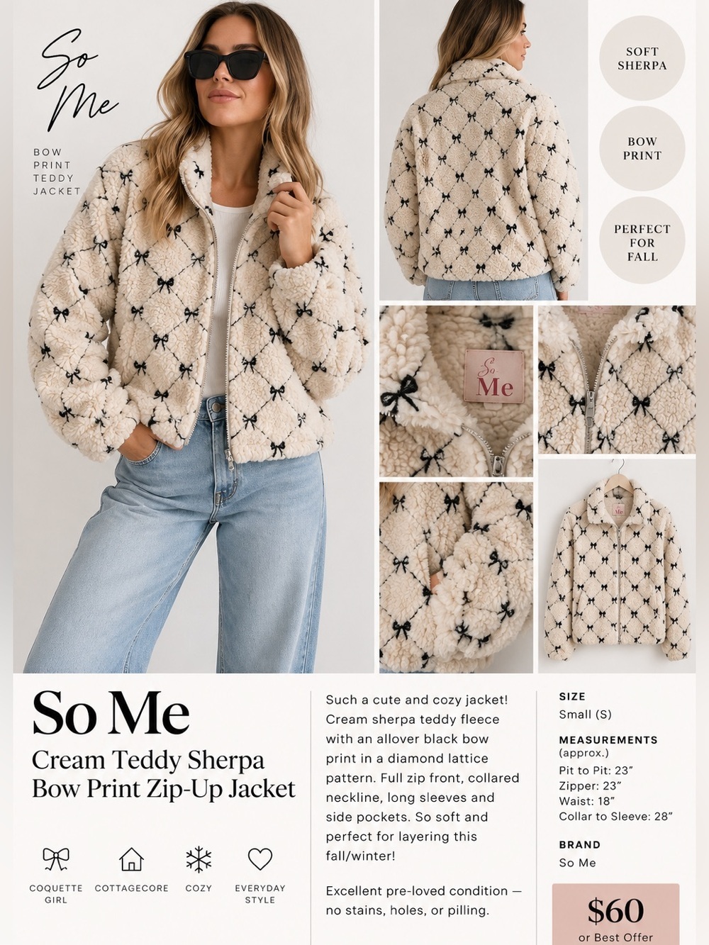 So Me Cream Sherpa Teddy Jacket Black Bow Embroidered Coquette- Small